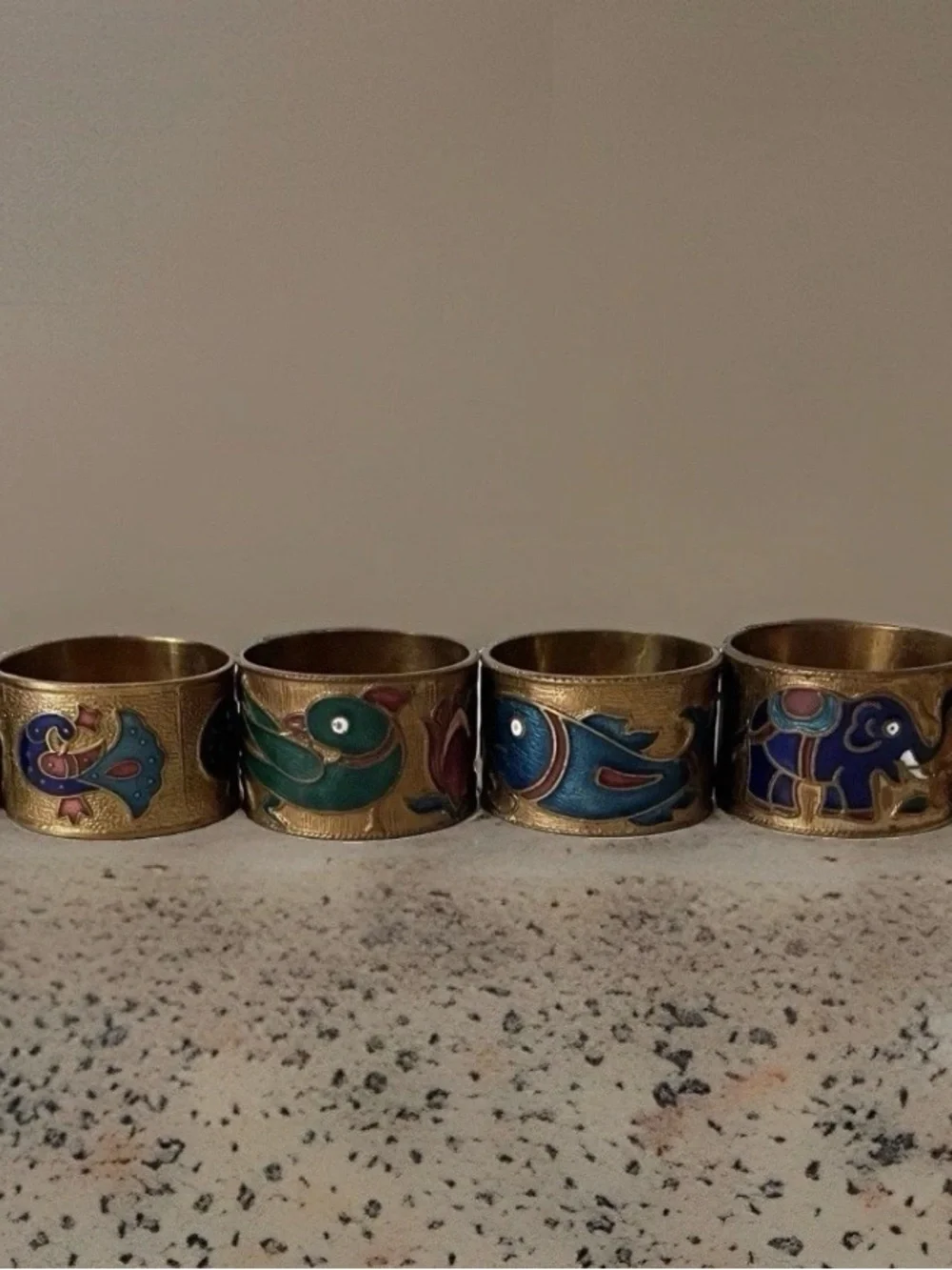 VTG Enamel And Copper Cloisonné Napkin Rings Set Of 6 Birds Fish Elephant Floral
